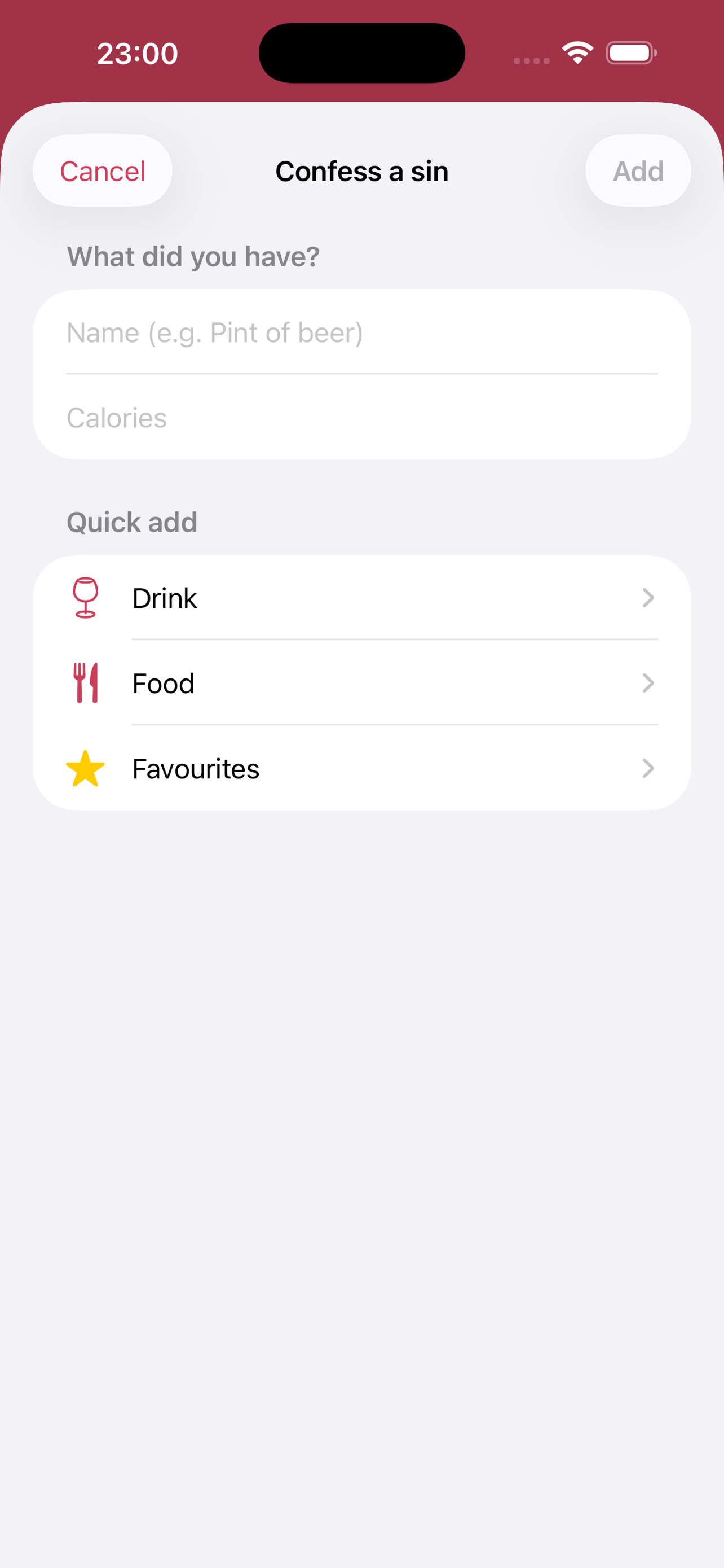 Confess a sin — the quick-add menu